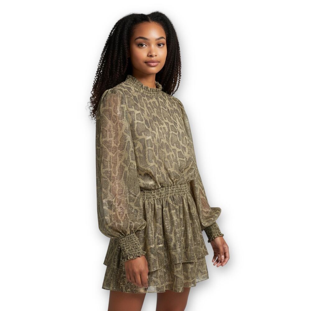 Show Me Your Mumu REVOLVE Russo Ruffle Dress Size M Gold Brown Glitter Python